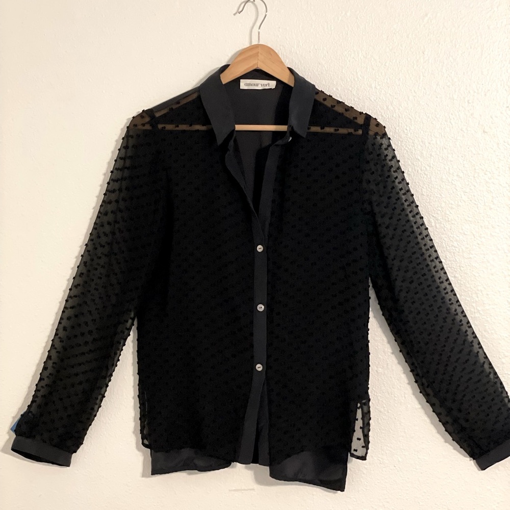 Amour Vert - Swisdot Silk Button Up Blouse - Mix Media - Black - Size Small